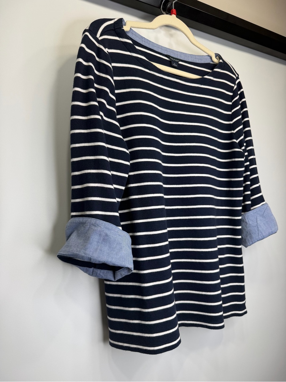Nautica 100% Cotton Navy & White Striped Roll Sleeve Top Size Large - Picture 4 of 11